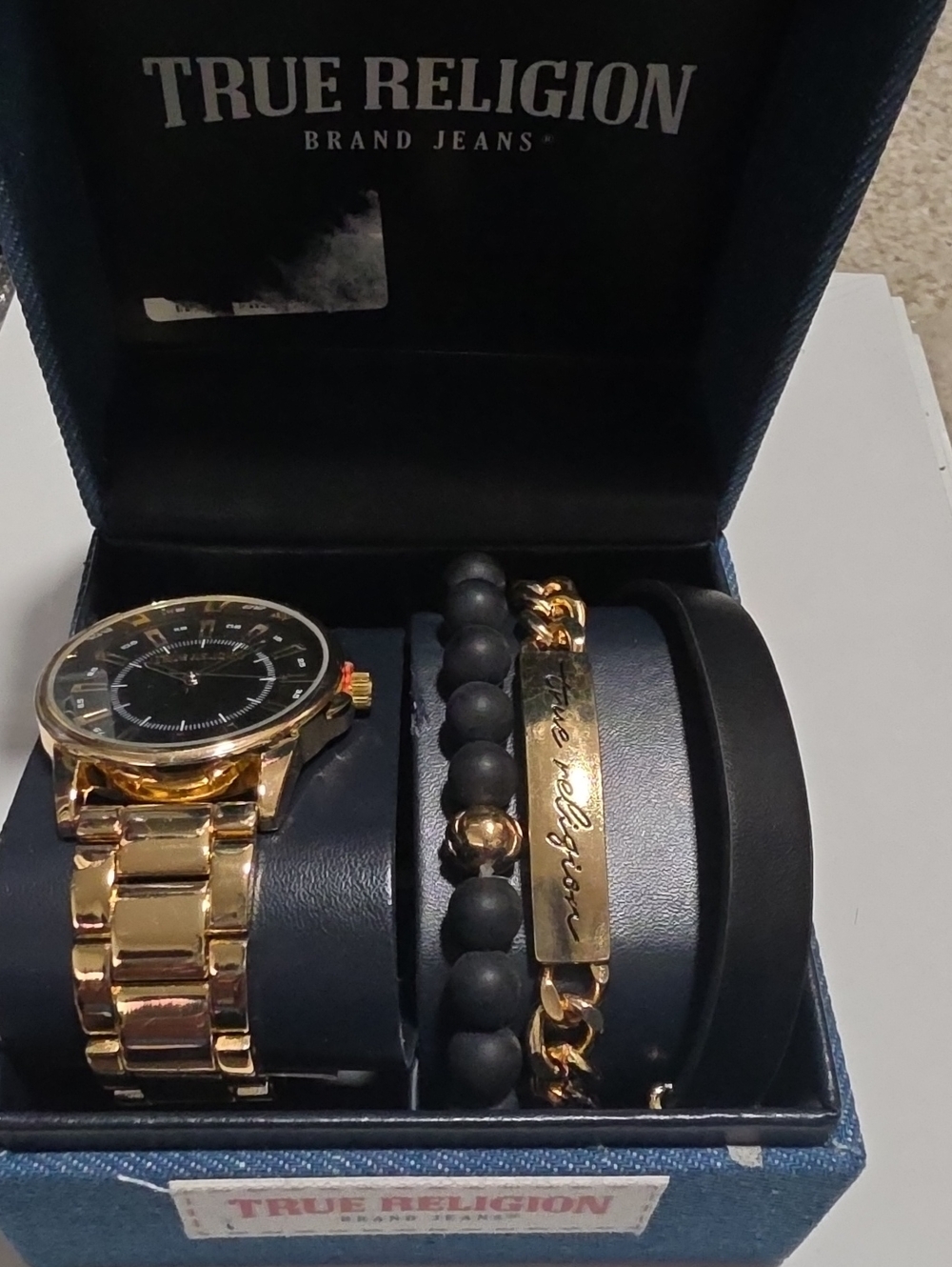 True Religion Gold-Tone Watch with Black Dial and Beaded Bracelet